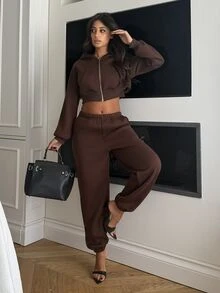 Ronhire 女士休闲日常通勤简约纯色落肩宽松拉链短款连帽衫和运动裤套装，春秋季棕色两件套，两件套家居服套装，女士运动套装，女士休闲服套装 - 棕色 - 查看 4