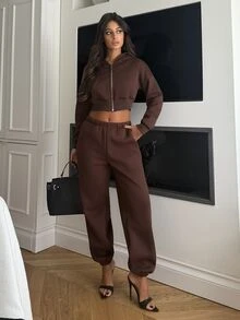 Ronhire 女士休闲日常通勤简约纯色落肩宽松拉链短款连帽衫和运动裤套装，春秋季棕色两件套，两件套家居服套装，女士运动套装，女士休闲服套装 - 棕色 - 查看 5