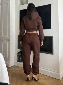 Ronhire 女士休闲日常通勤简约纯色落肩宽松拉链短款连帽衫和运动裤套装，春秋季棕色两件套，两件套家居服套装，女士运动套装，女士休闲服套装 - 棕色 - 查看 2