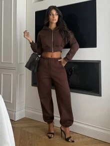 Ronhire 女士休闲日常通勤简约纯色落肩宽松拉链短款连帽衫和运动裤套装，春秋季棕色两件套，两件套家居服套装，女士运动套装，女士休闲服套装 - 棕色 - 查看 1