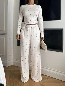 Ronhire 高个女款蝴蝶结印花圆领修身长袖T恤和宽松长裤两件套休闲夏季家居服套装 - 白色 - 查看 3