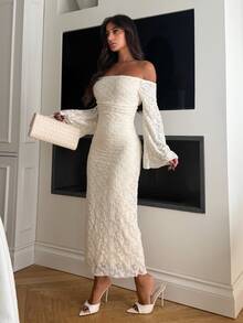 Ronhire Women's Elegant Lace Off-Shoulder Long Dress, Spring/Summer Wedding Guest Dress Sundress - Beige - View 5