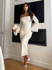 Ronhire Women's Elegant Lace Off-Shoulder Long Dress, Spring/Summer Wedding Guest Dress Sundress - Beige - View 4