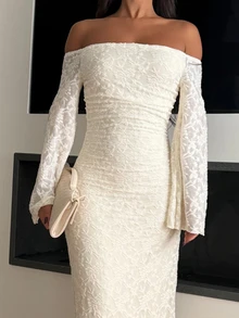 Ronhire Women's Elegant Lace Off-Shoulder Long Dress, Spring/Summer Wedding Guest Dress Sundress - Beige - View 3