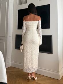 Ronhire Women's Elegant Lace Off-Shoulder Long Dress, Spring/Summer Wedding Guest Dress Sundress - Beige - View 2