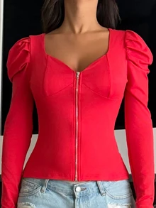 Ronhire Slim Fit Casual Sexy Open Front Zip-Up Gigot Sleeve Long Sleeve T-Shirt - Red - View 3