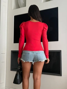 Ronhire Slim Fit Casual Sexy Open Front Zip-Up Gigot Sleeve Long Sleeve T-Shirt - Red - View 2