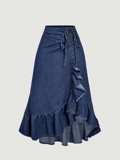 Sweetra Plus Size Denim Skirt, Fashion Casual Deep Blue Denim Skirt, Versatile Denim Skirt For Daily Commute, Travel, School Season