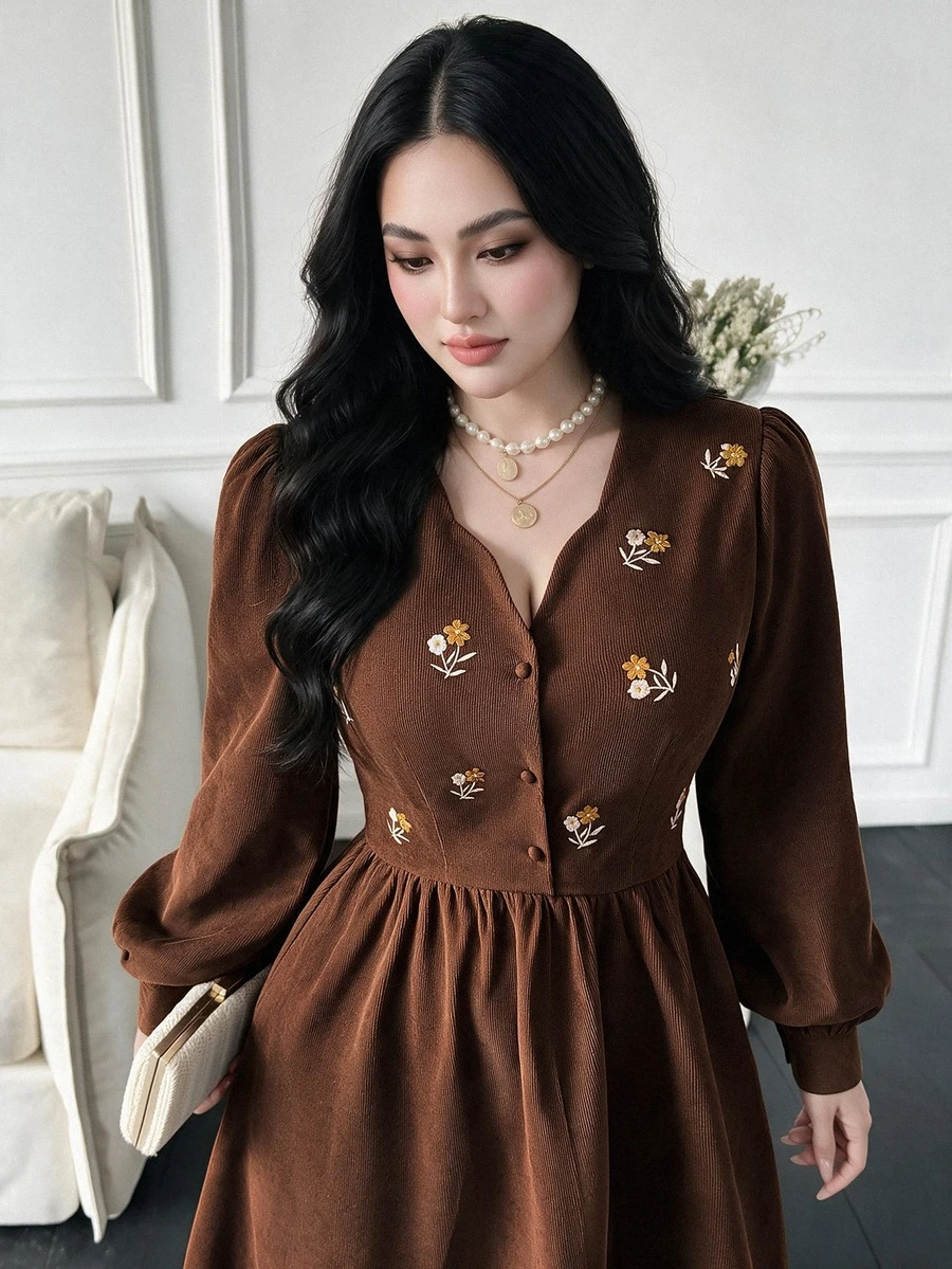 Feyla Plus Size Vintage Embroidered Button Long Sleeve Pleated Dress - Coffee Brown - View 1