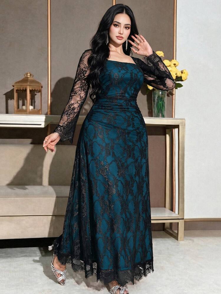 Feyla Plus Size Women's Contrast Lace Long Sleeve Square Neck Elegant Dress - Teal Blue - View 1