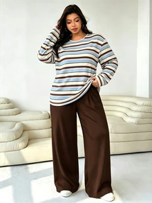 Solflare Casual Women's Blue White Brown Striped Print Round Neck Loose T-Shirt And Loose Pants Plus Size 2 Pieces Set Suitable For Autumn/Winter - Multicolor - View 4
