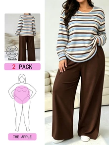 Solflare Casual Women's Blue White Brown Striped Print Round Neck Loose T-Shirt And Loose Pants Plus Size 2 Pieces Set Suitable For Autumn/Winter - Multicolor - View 5