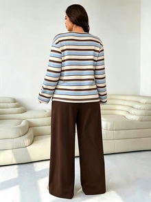 Solflare Casual Women's Blue White Brown Striped Print Round Neck Loose T-Shirt And Loose Pants Plus Size 2 Pieces Set Suitable For Autumn/Winter - Multicolor - View 2