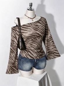 SHEIN ICON 大尺碼 Y2K 性感寬鬆復古不對稱肩針織收腰 T-shirt 上衣 休閒復古長袖秋季動物印花派對晚裝 - 彩色 - 查看 6