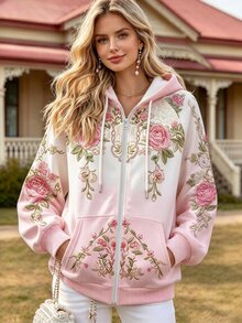 Selamara Women's Early Fall Rose Floral Hooded Sweatshirt, Pink And White Gradient Loose Raglan Sleeve Jacket, American Vintage Romantic 3D Zipper - Multicolor - View 4
