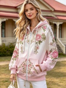 Selamara Women's Early Fall Rose Floral Hooded Sweatshirt, Pink And White Gradient Loose Raglan Sleeve Jacket, American Vintage Romantic 3D Zipper - Multicolor - View 3