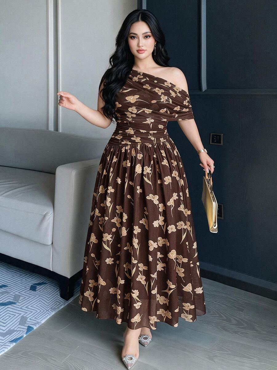 Feyla Plus Size Women's Floral Print Asymmetrical Shoulder Elegant Dress - Multicolor - View 1