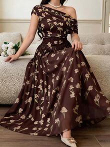Feyla Plus Size Women's Floral Print Asymmetrical Shoulder Elegant Dress - Multicolor - View 5