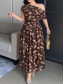 Feyla Plus Size Women's Floral Print Asymmetrical Shoulder Elegant Dress - Multicolor - View 4