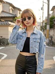 SHEIN ICON 休閒街頭風破舊剪裁牛仔夾克 日常旅行淺藍色秋季款 - 藍色 - 查看 1