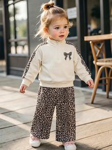 2pcs Baby Girls Sweatshirt Wide Leg Pants Sweet Cream Leopard Print Bow Long Sleeve Quarter Zip Mock Neck Regular Birthday Party Fall Fall Holiday Set - Multicolor - View 8