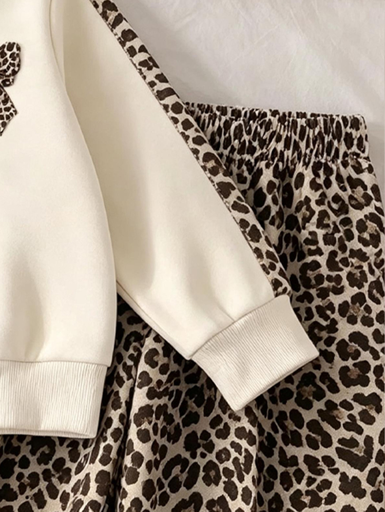 2pcs Baby Girls Sweatshirt Wide Leg Pants Sweet Cream Leopard Print Bow Long Sleeve Quarter Zip Mock Neck Regular Birthday Party Fall Fall Holiday Set - Multicolor - View 5