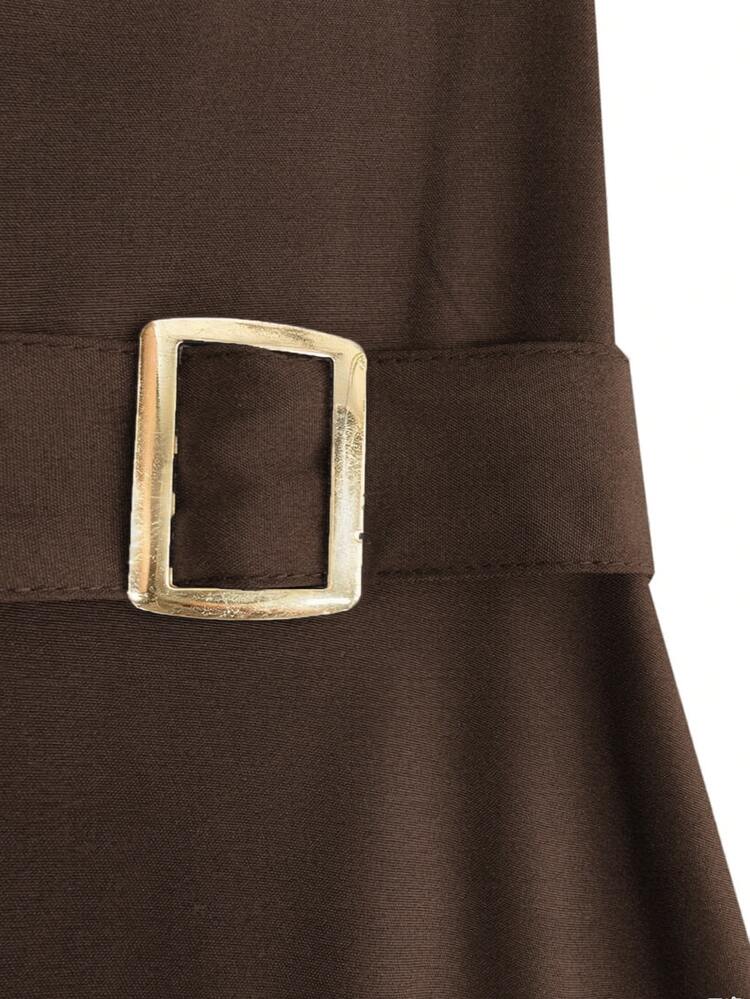 GlowEve CURVE Plus Size Women Elegant V-Neck Long Sleeve Midi Dress, Deep V-Neck Metal Buckle Decor Dress, Front Slit A-Line Design, Suitable For Daily Commute Wear, Office, Party, Cocktail, Wedding Guest - Coffee Brown - View 3