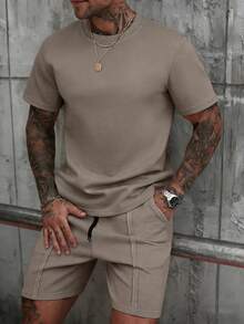 Genlund 2pcs/Set Men's Comfortable Brown Summer Casual Streetwear Work Holiday Vacation T-Shirt Round Neck Short Sleeve T-Shirt Drawstring Shorts - Khaki - View 4