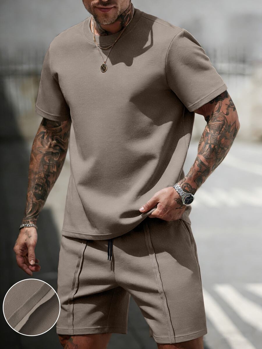 Genlund 2pcs/Set Men's Comfortable Brown Summer Casual Streetwear Work Holiday Vacation T-Shirt Round Neck Short Sleeve T-Shirt Drawstring Shorts - Khaki - View 1