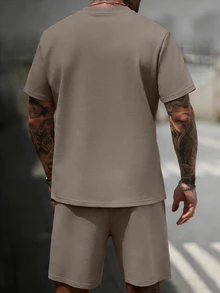 Genlund 2pcs/Set Men's Comfortable Brown Summer Casual Streetwear Work Holiday Vacation T-Shirt Round Neck Short Sleeve T-Shirt Drawstring Shorts - Khaki - View 2