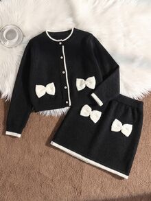 SHEIN Tween Girl Handmade Bow Cropped Cardigan And Frill Trim Knit Skirt Set Winter - Black - View 3