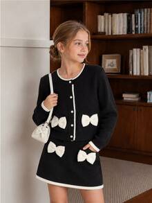 SHEIN Tween Girl Handmade Bow Cropped Cardigan And Frill Trim Knit Skirt Set Winter - Black - View 7