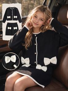 SHEIN Tween Girl Handmade Bow Cropped Cardigan And Frill Trim Knit Skirt Set Winter - Black - View 8