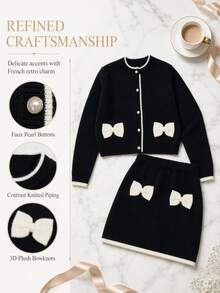 SHEIN Tween Girl Handmade Bow Cropped Cardigan And Frill Trim Knit Skirt Set Winter - Black - View 4