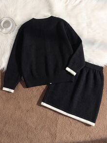 SHEIN Tween Girl Handmade Bow Cropped Cardigan And Frill Trim Knit Skirt Set Winter - Black - View 2