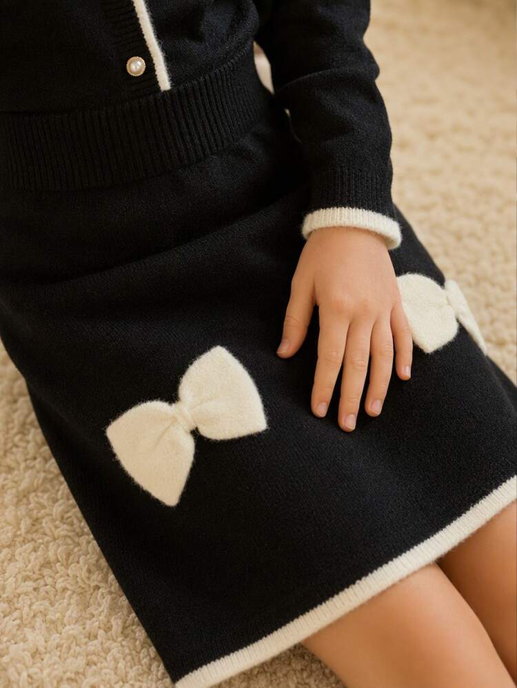 SHEIN Bộ áo cardigan dáng ngắn đính nơ thủ công và chân váy len dệt viền bèo cho bé gái tween, mùa đông - màu đen - Xem 6