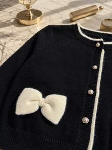 SHEIN Tween Girl Handmade Bow Cropped Cardigan And Frill Trim Knit Skirt Set Winter - Black - View 5