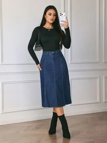 Flexra Fall Casual A Line Button Zip Washed Denim Dark Blue Daily Wear Commute Versatile Denim Skirt For Women - Blue - View 11