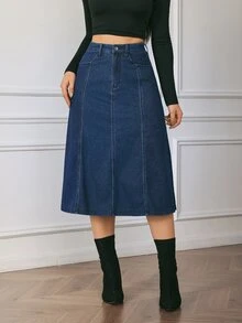 Flexra Fall Casual A Line Button Zip Washed Denim Dark Blue Daily Wear Commute Versatile Denim Skirt For Women - Blue - View 8