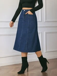 Flexra Fall Casual A Line Button Zip Washed Denim Dark Blue Daily Wear Commute Versatile Denim Skirt For Women - Blue - View 7