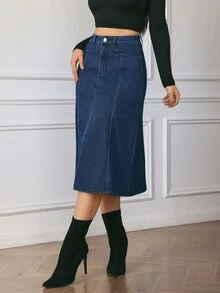 Flexra Fall Casual A Line Button Zip Washed Denim Dark Blue Daily Wear Commute Versatile Denim Skirt For Women - Blue - View 5