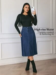 Flexra Fall Casual A Line Button Zip Washed Denim Dark Blue Daily Wear Commute Versatile Denim Skirt For Women - Blue - View 4