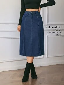 Flexra Fall Casual A Line Button Zip Washed Denim Dark Blue Daily Wear Commute Versatile Denim Skirt For Women - Blue - View 3