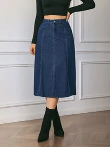 Flexra Fall Casual A Line Button Zip Washed Denim Dark Blue Daily Wear Commute Versatile Denim Skirt For Women - Blue - View 12