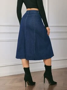 Flexra Fall Casual A Line Button Zip Washed Denim Dark Blue Daily Wear Commute Versatile Denim Skirt For Women - Blue - View 2