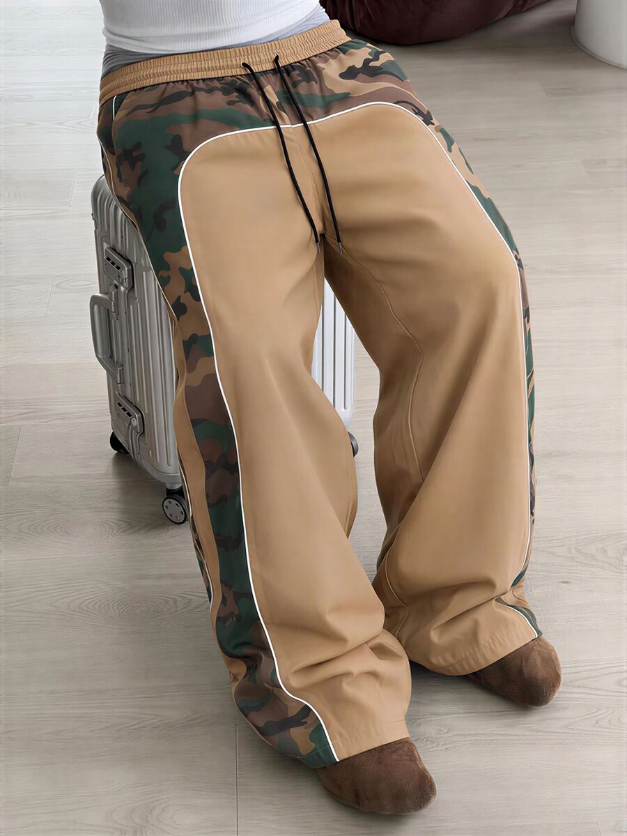 Major Grit Men's Drawstring Waist Pocket Wide Leg Camouflage Patchwork Casual Pants - Khaki - View 1
