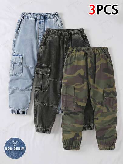 SHEIN 3pcs/Set Boys Toddler Elastic Waist Cuffed Hem Minimalist Cargo Style Long Pants, Casual Cargo Style Long Pants, Boys Denim Look Bottoms