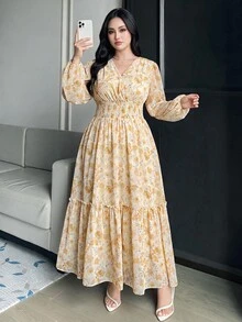 Feyla 大尺碼女款優雅星空花卉印花抓皺燈籠袖收腰洋裝 春秋派對正式米白色 - 彩色 - 查看 1