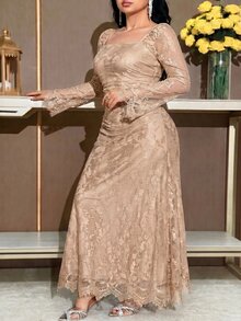 Feyla 大尺碼女款方領長袖蕾絲優雅洋裝，秋季派對晚餐穿搭，桃色 - 卡其色 - 查看 7
