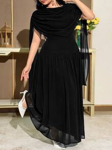 Feyla Plus Size Women's Elegant Formal Party Dinner Cocktail Banquet Black Ruched Batwing Sleeve Waist Cinched Dress Summer Halloween - Black - View 3